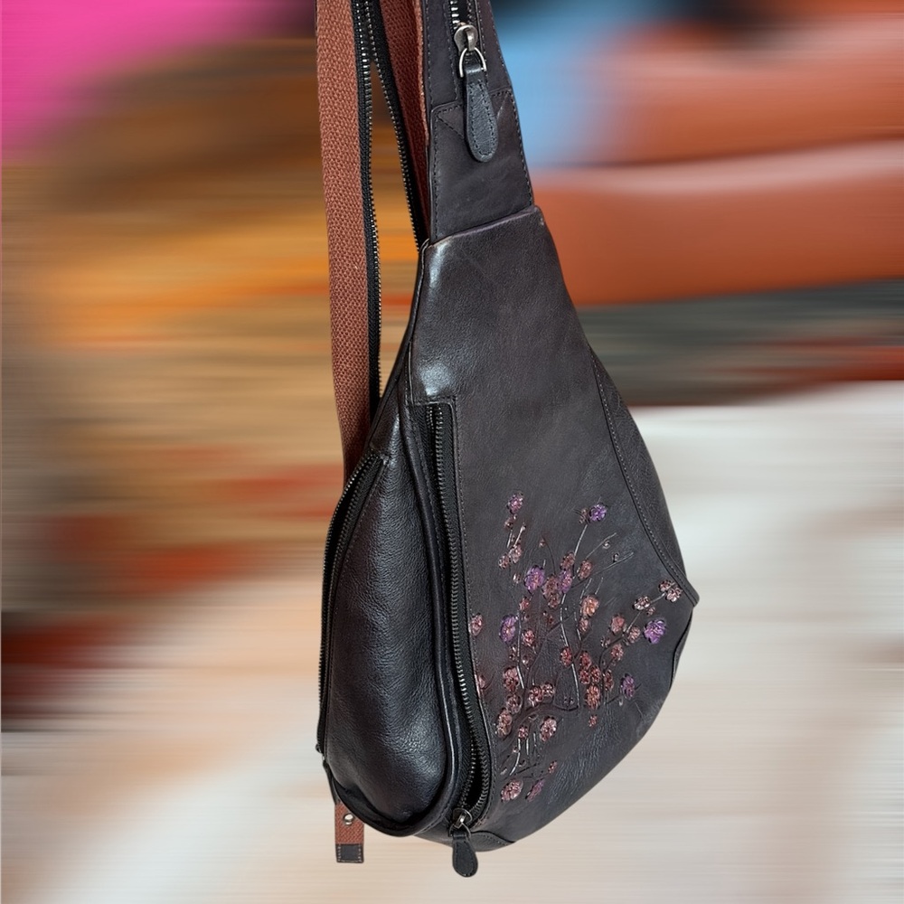 Leather Floral Embroidered Crossbody Sling Bag - Dark Brown with pink flowers - Picture 2 of 2